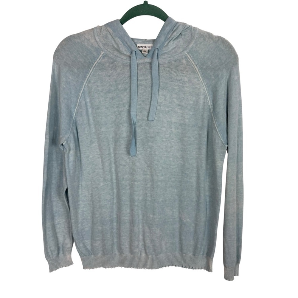 Minnie Rose Distressed Cashmere Blend Hoodie Light Blue Sz Small